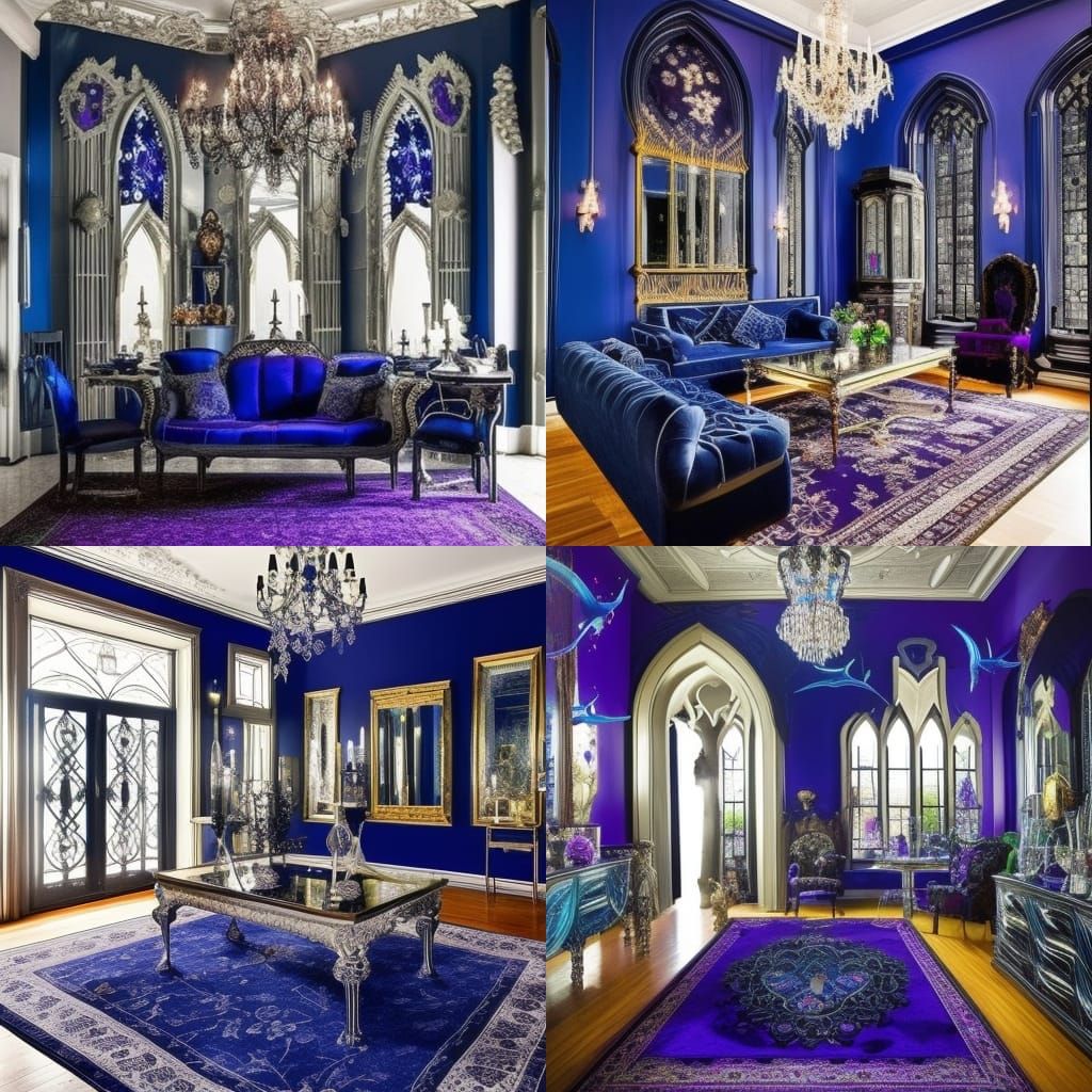 Gothic aquarium living room with A huge aquarium& gothic Chandelier & cobalt blue walls& Silver frames& cobalt blue Goth...