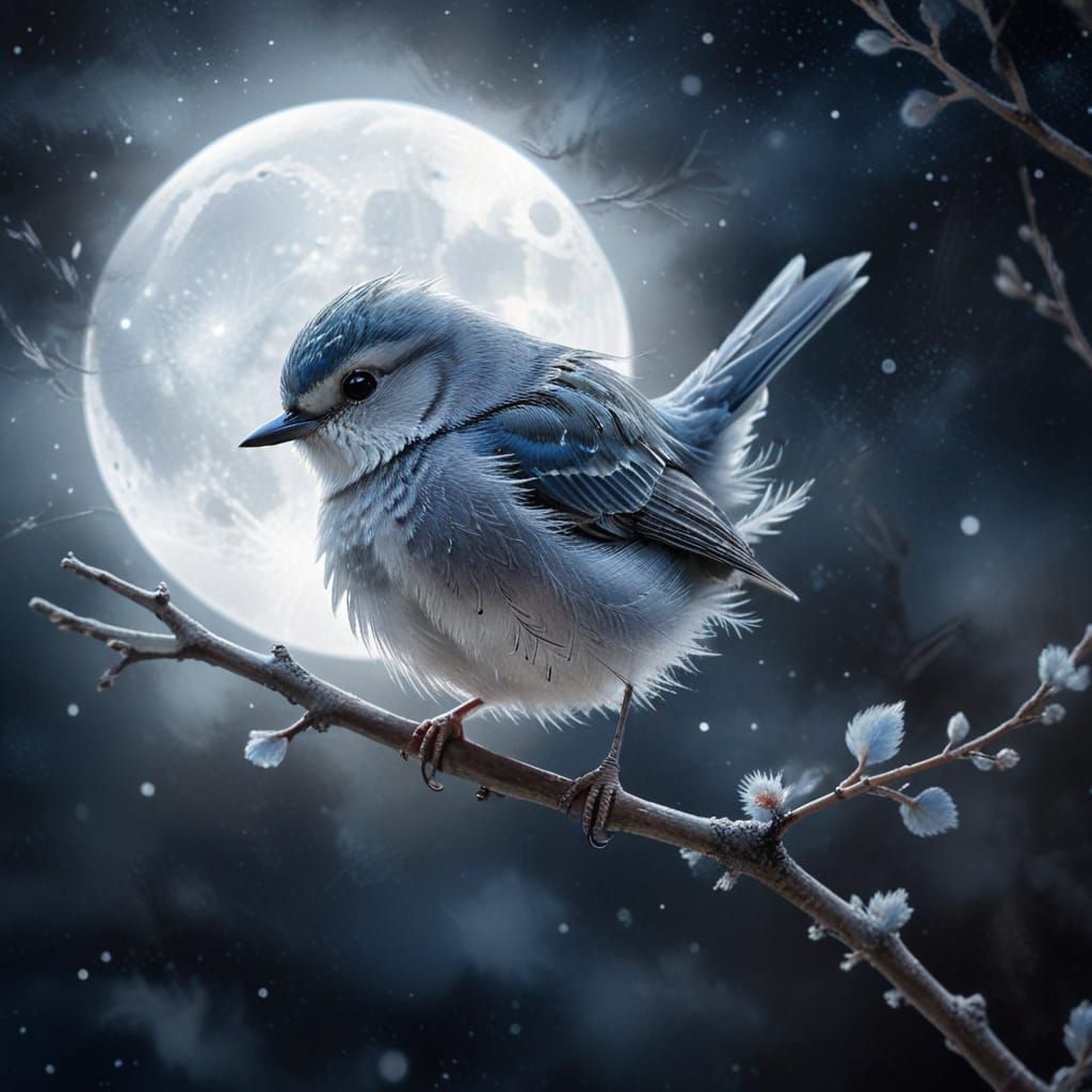 Dreamy Watercolor Bird Perched Under Moonlight