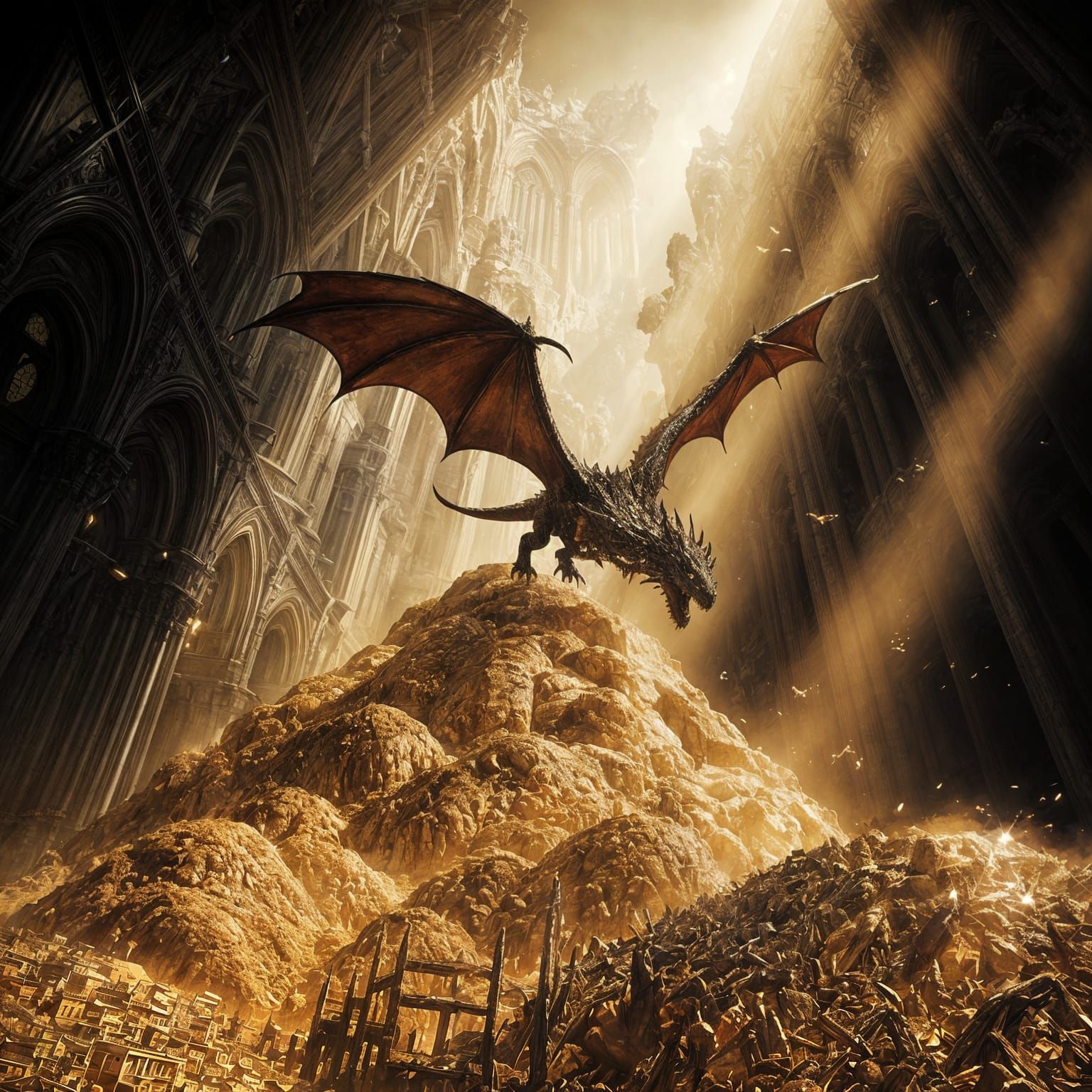 Dragon Soars Above Gothic Cathedral Hoard