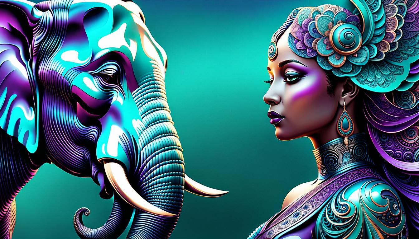 Woman and Elephant Head in Metallic Sunset