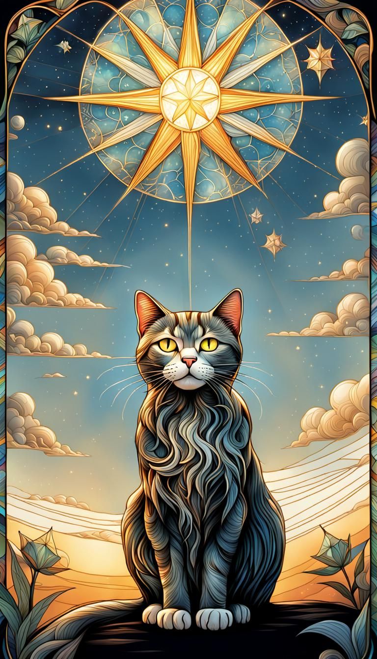 Cat Gazing at Star in Stained Glass Style