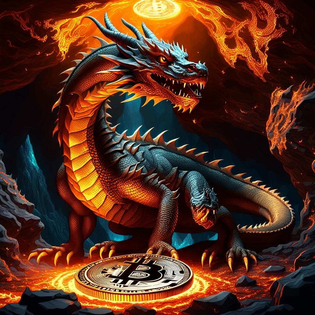 Dragon Guarding Bitcoin in Sacred Cave: Digital Art