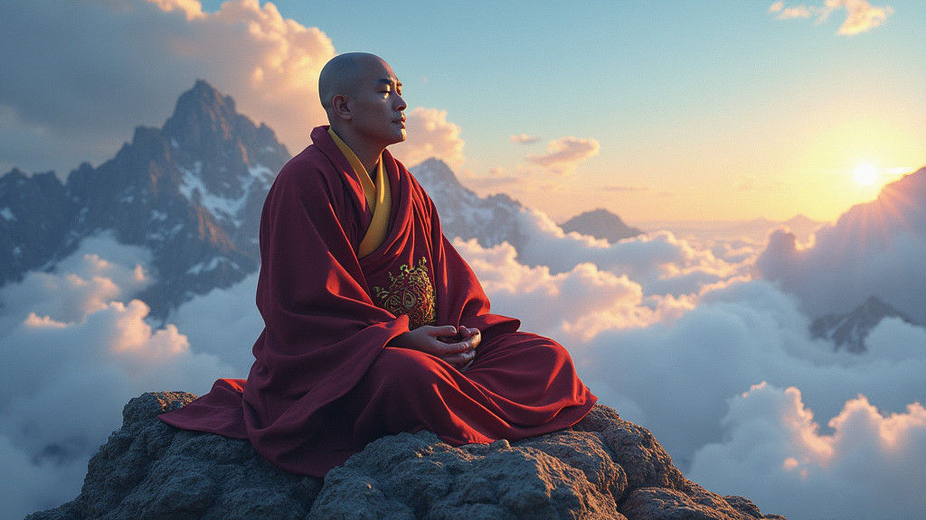 Meditating Tibetan Monk on Mountain Peak