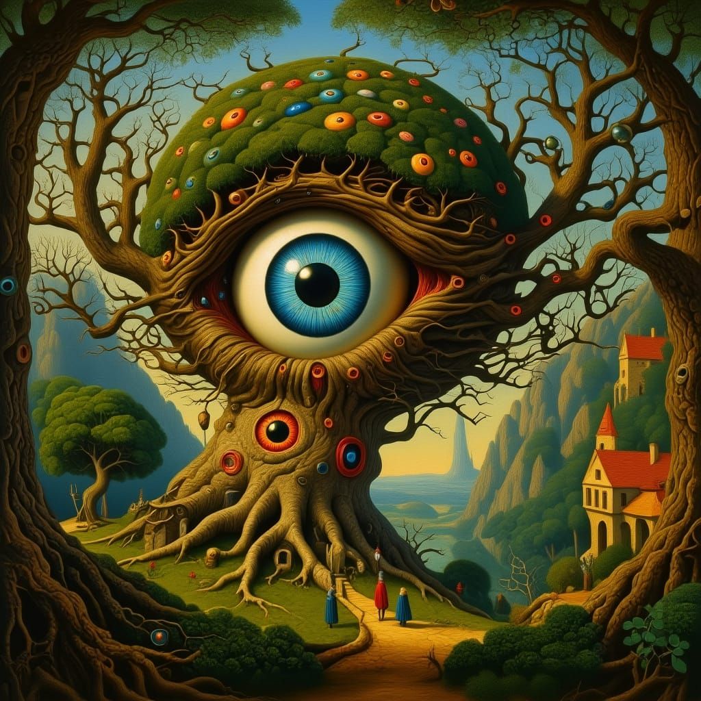 Giant Eyeball Tree in Surreal Gothic Landscape