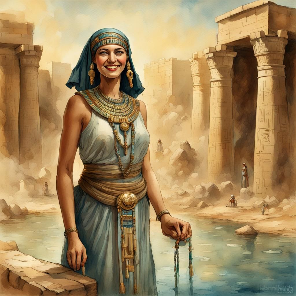 Smiling Egyptian Woman Taking Water: Vintage Watercolor