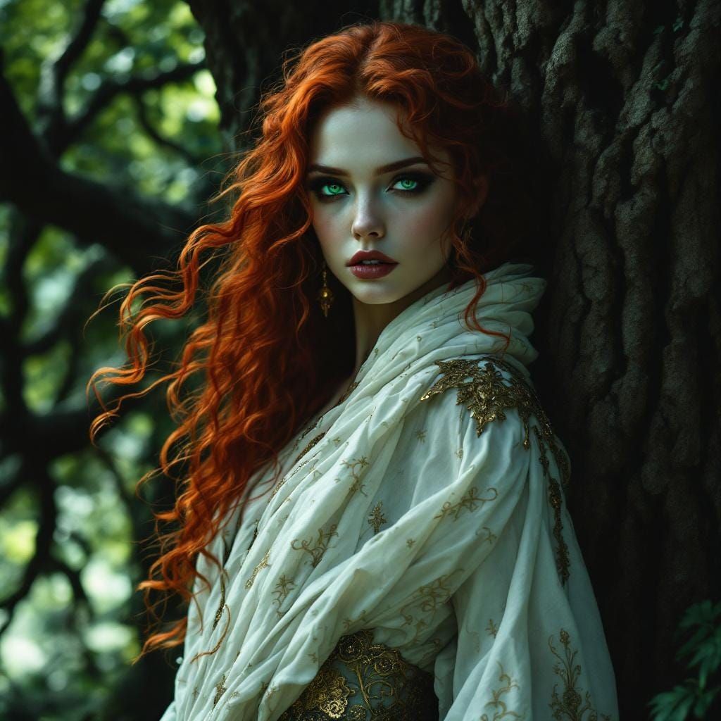 Mysterious Irish Enchantress in Gothic Forest