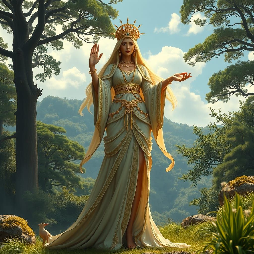 Goddess of Abundance in Lush Landscape