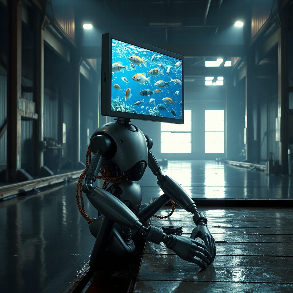 Robot with Aquarium Head on Pier in Industrial Serenity