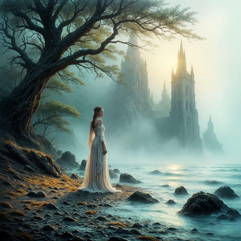 Misty Ocean Bay in Antique Watercolor Style