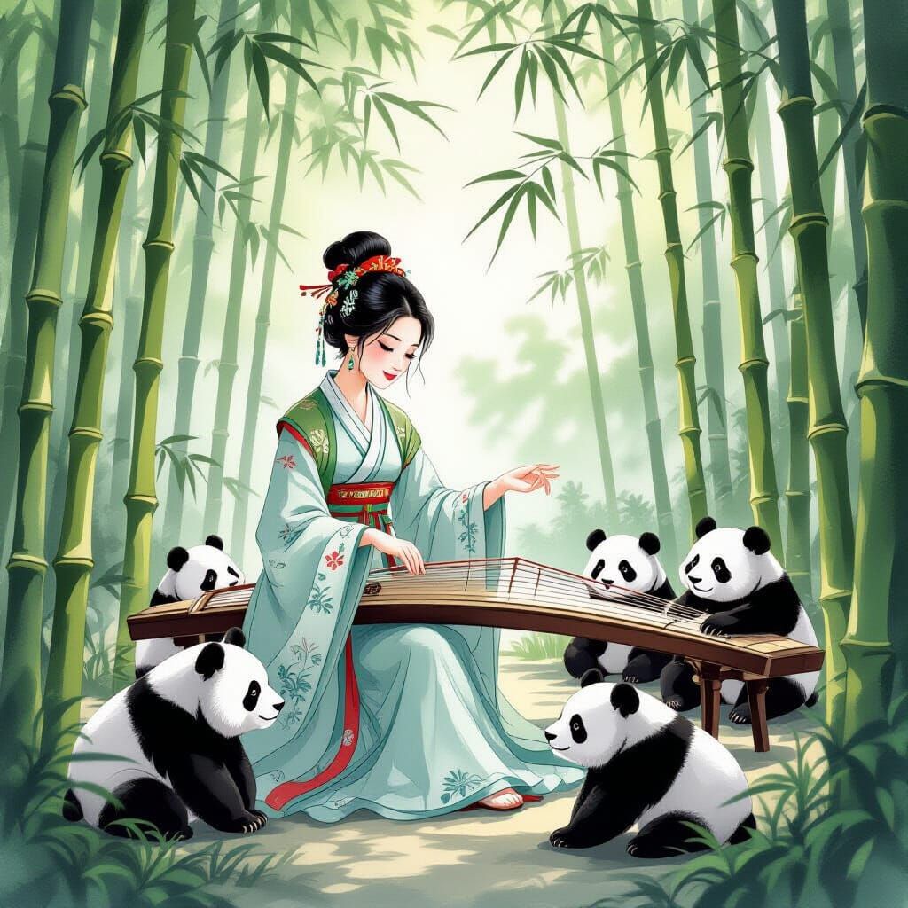 Hanfu Woman's Guzheng Serenade in Bamboo Forest