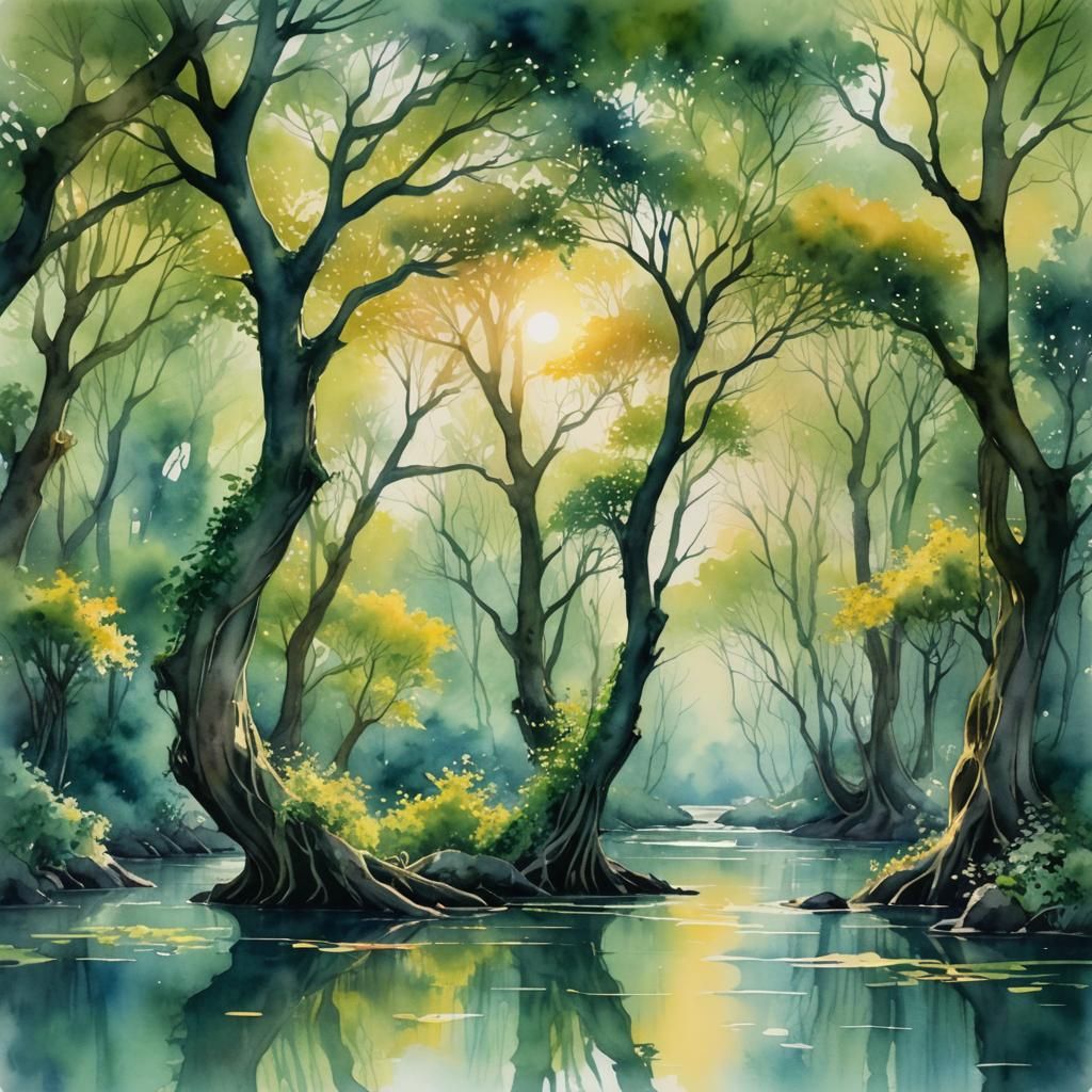Enchanted Forest Landscape in Watercolor Style