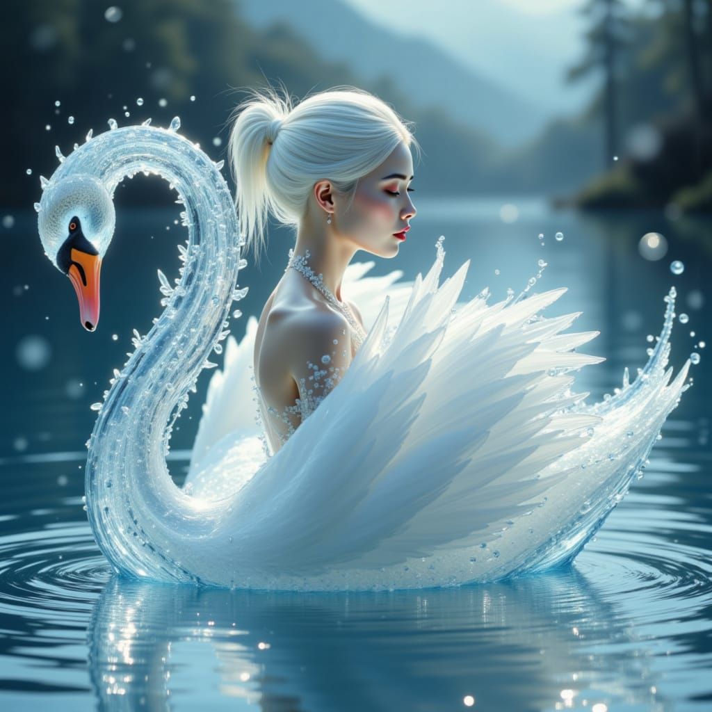 Ethereal Water Maiden Embraces Swan in Surreal Landscape