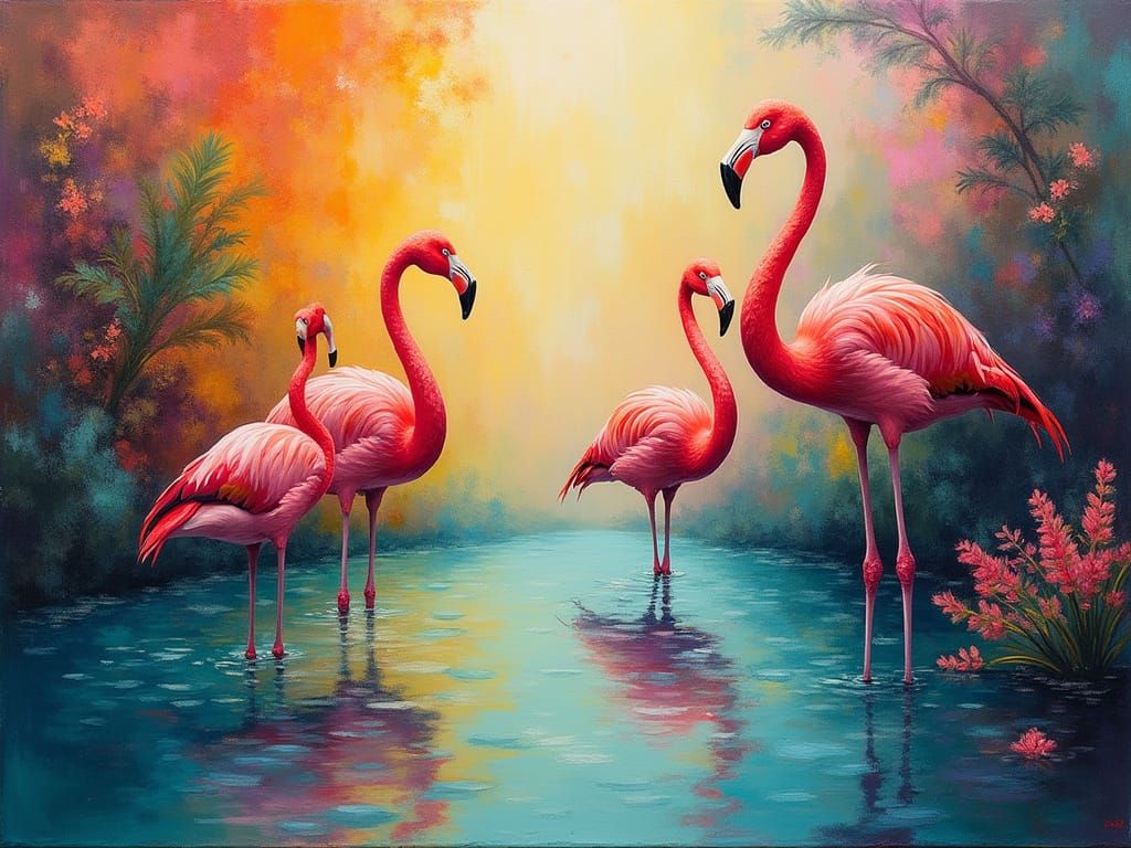 Abstract Flamingos in Paradise Garden Pool Oil Painting