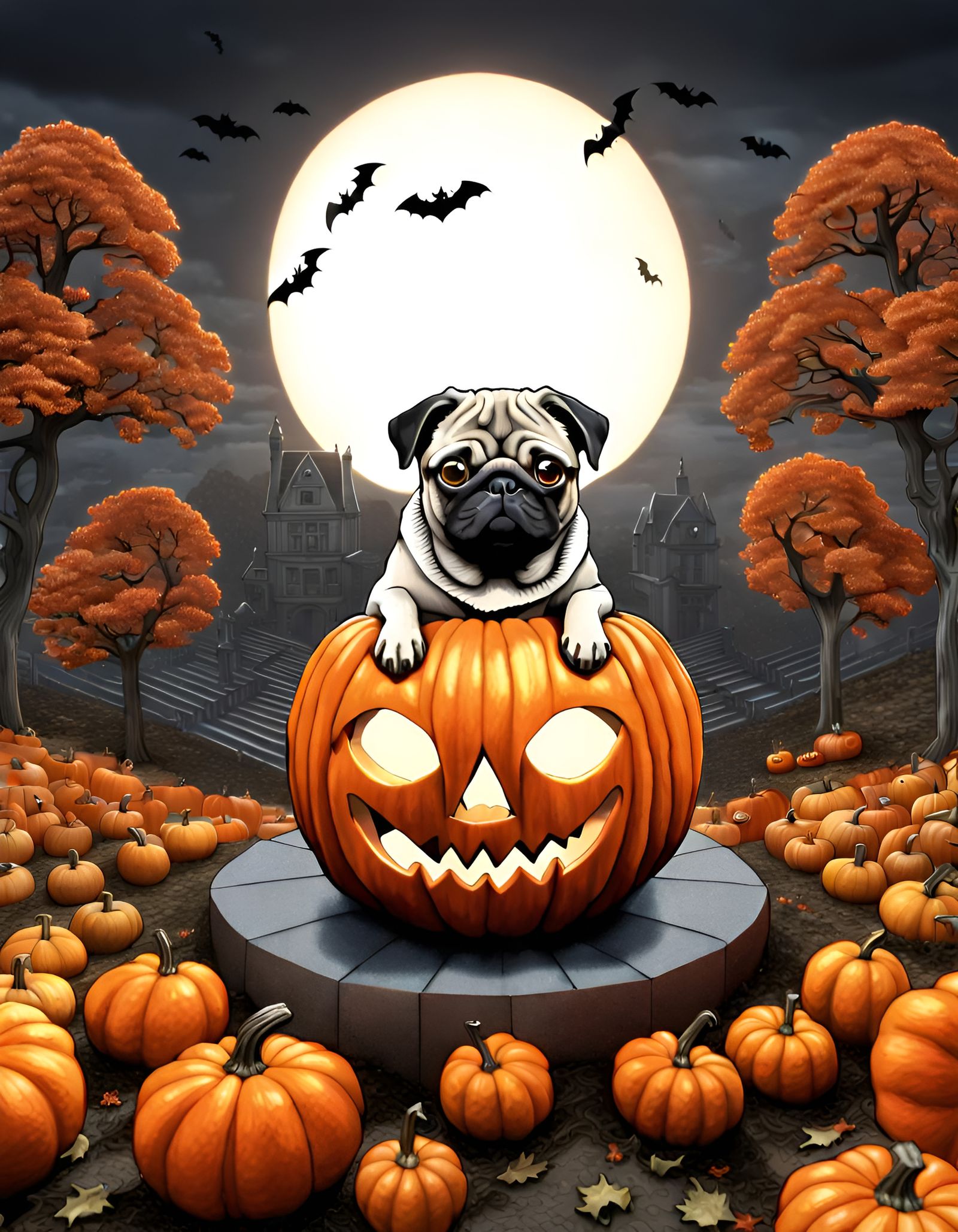 Pug-Pumpkin in Spooky Landscape, Mixed Media Illustration