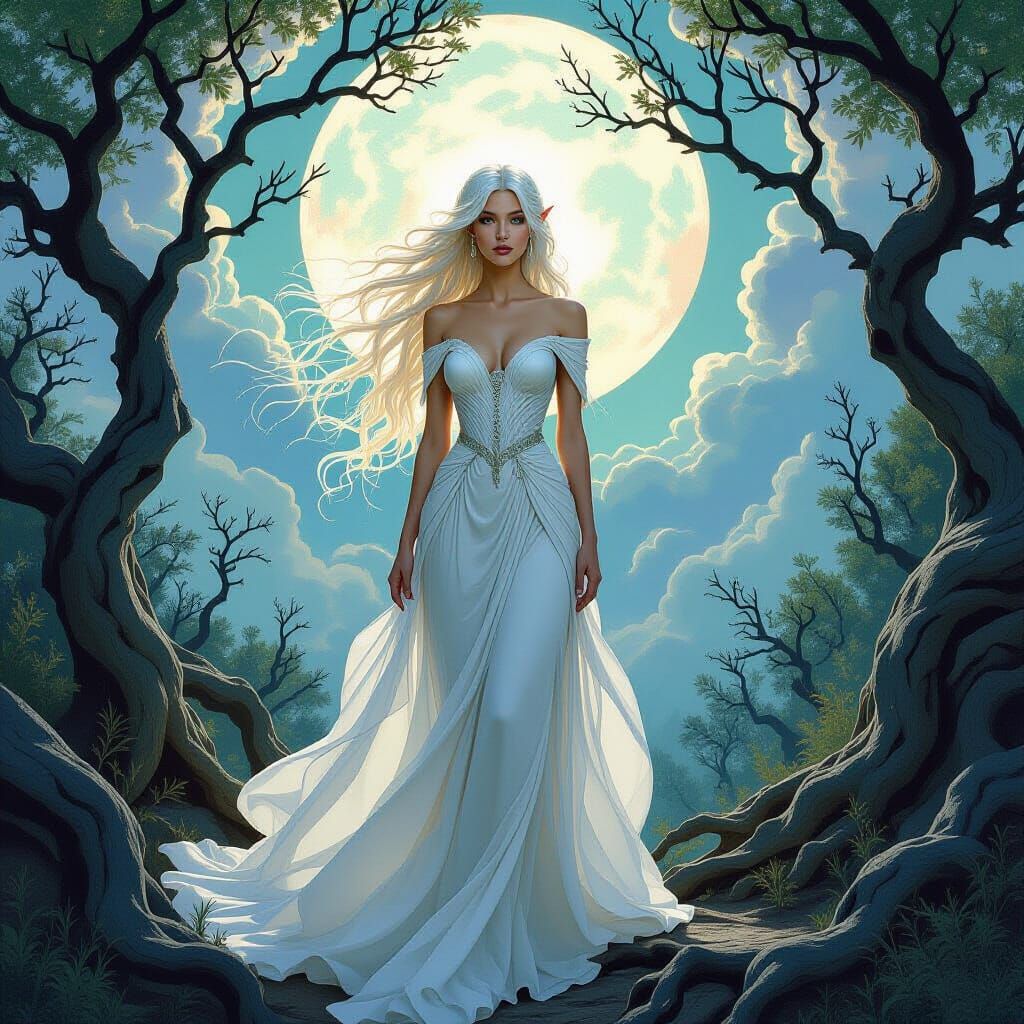 Ethereal Elven Woman in Petrified Forest, Art Nouveau