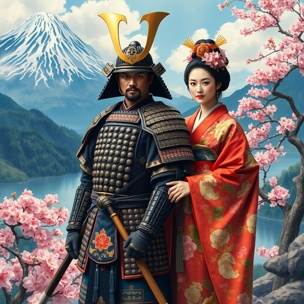Young Japanese Warlord and Wife in Vibrant, Maximalist Gouac...