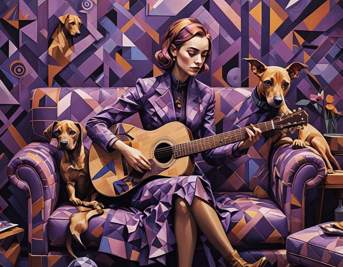 Cubist Guitarist and Puppy in Deep Color