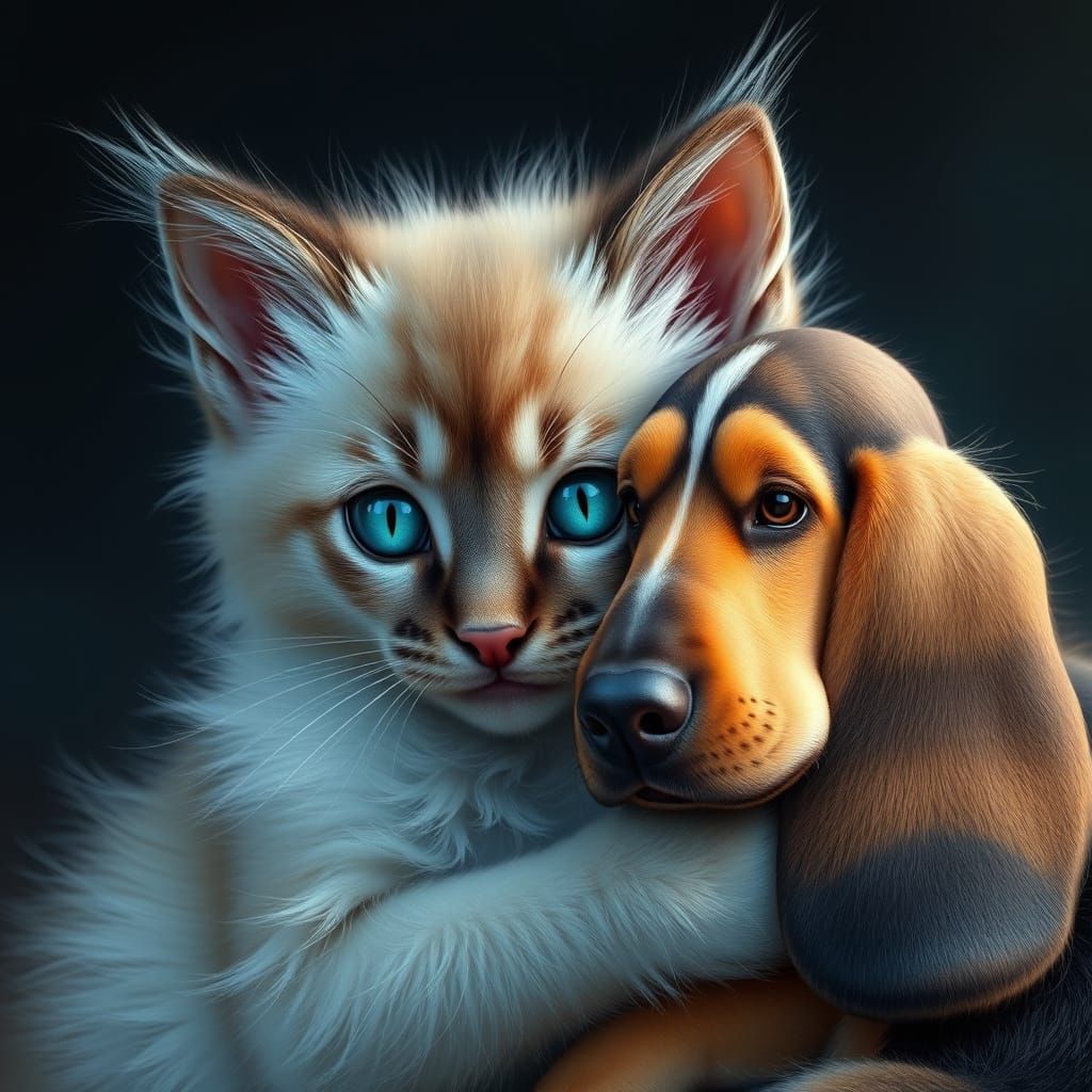 Siberian Kitten Hugs Basset Hound Puppy