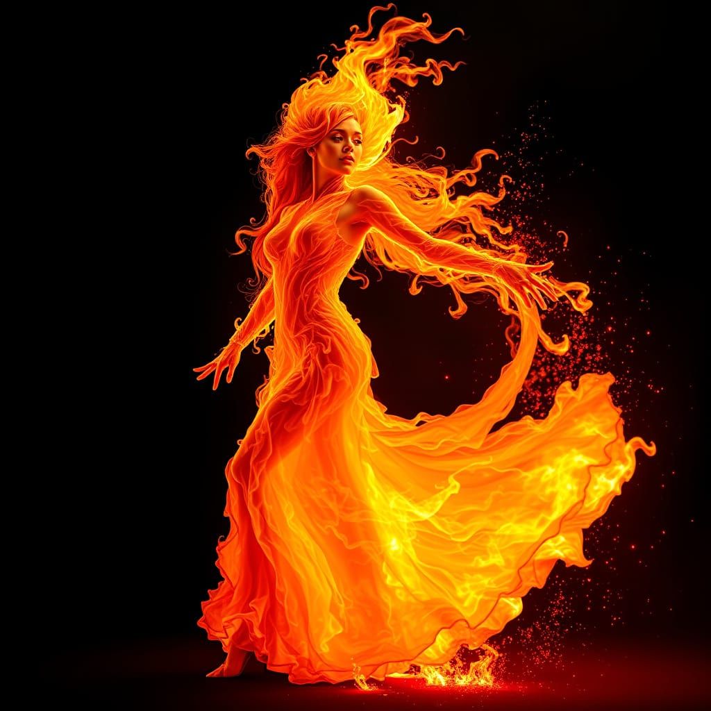 Fiery Woman in Flame Gown: A Fiery Aesthetic
