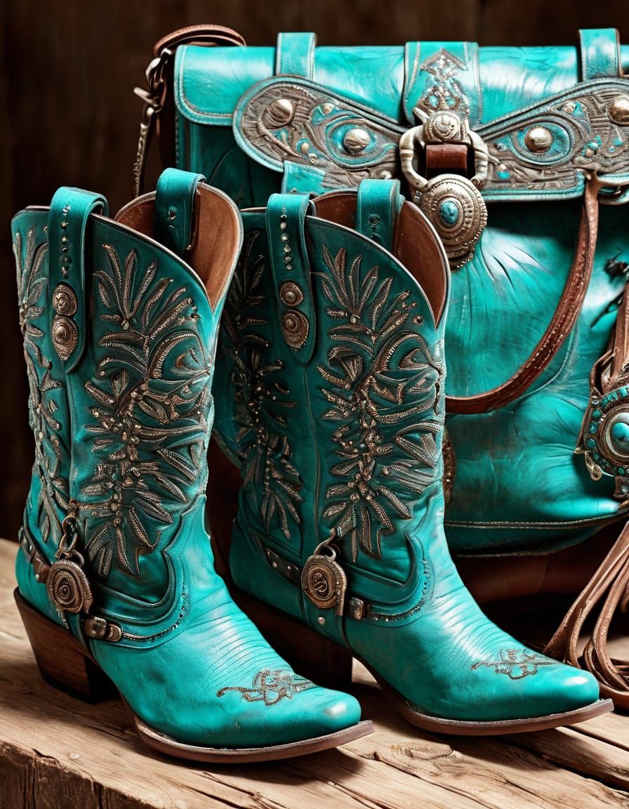 Boots, Handbags, and Turquoise Luxury on Rustic Wood