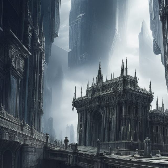 Surreal Futuristic Cityscape in Black and Silver