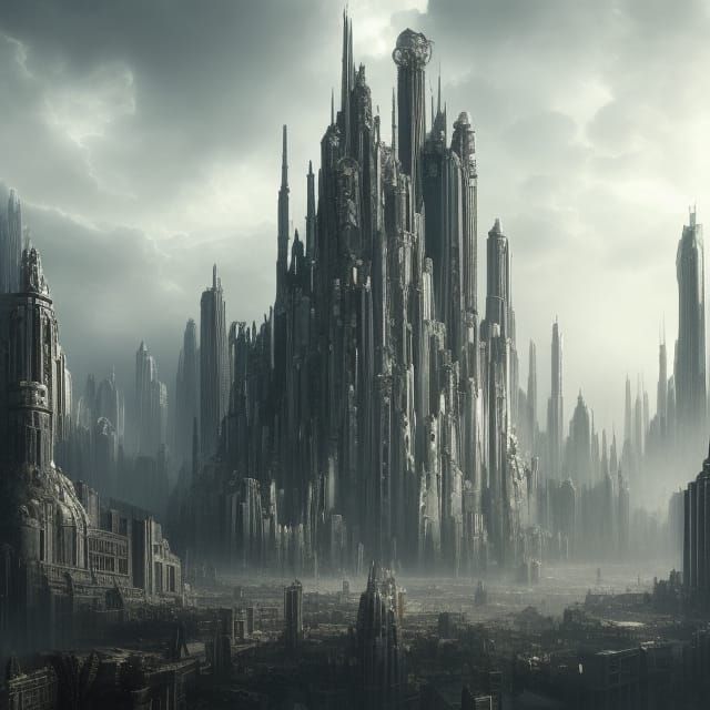 Surreal Black and Silver Cityscape with Glass Castles