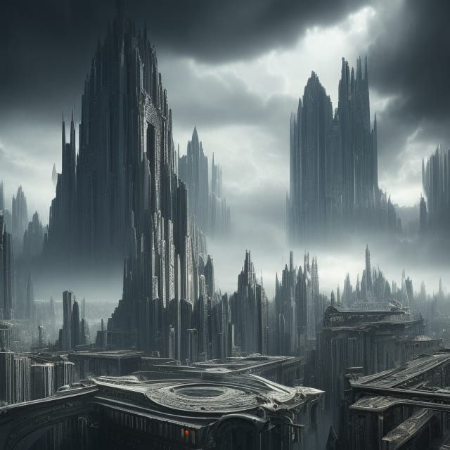 Surreal Cityscape with Glass Castles in Silver and Black