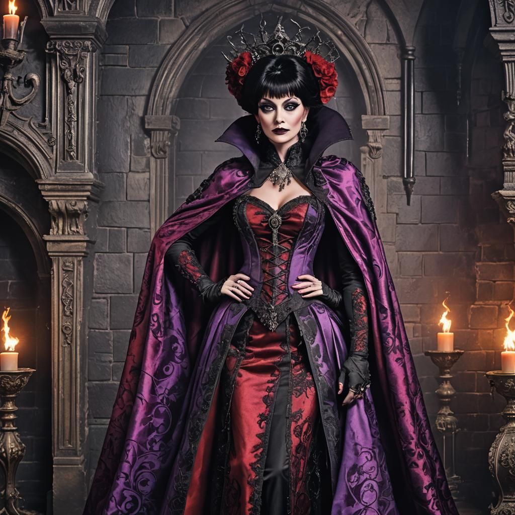 Elvira with Gothic Coffin and Baroque Cape