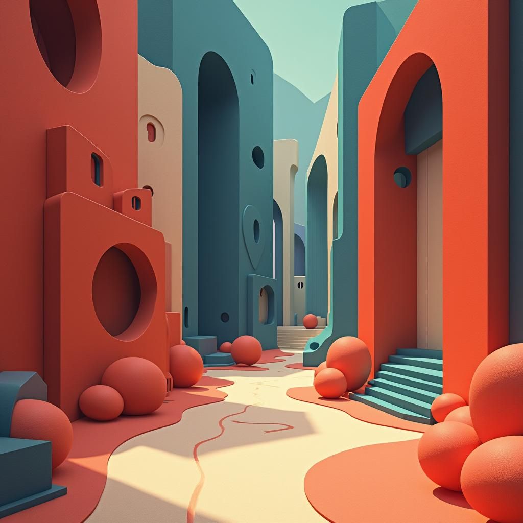 Dreamlike Geometric World in Mid-Century Art Style