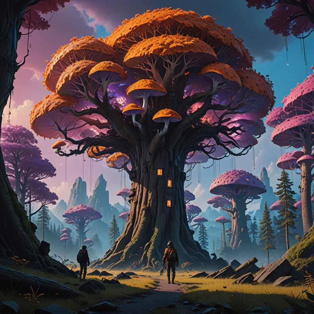 Majestic Dreamlike Landscape with Ethereal Mushrooms and Omb...
