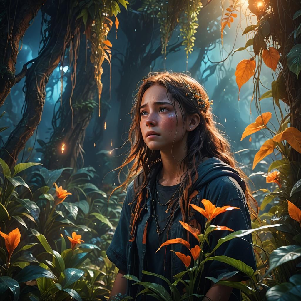 Girl Crying Amidst Mystical Glowing Plants