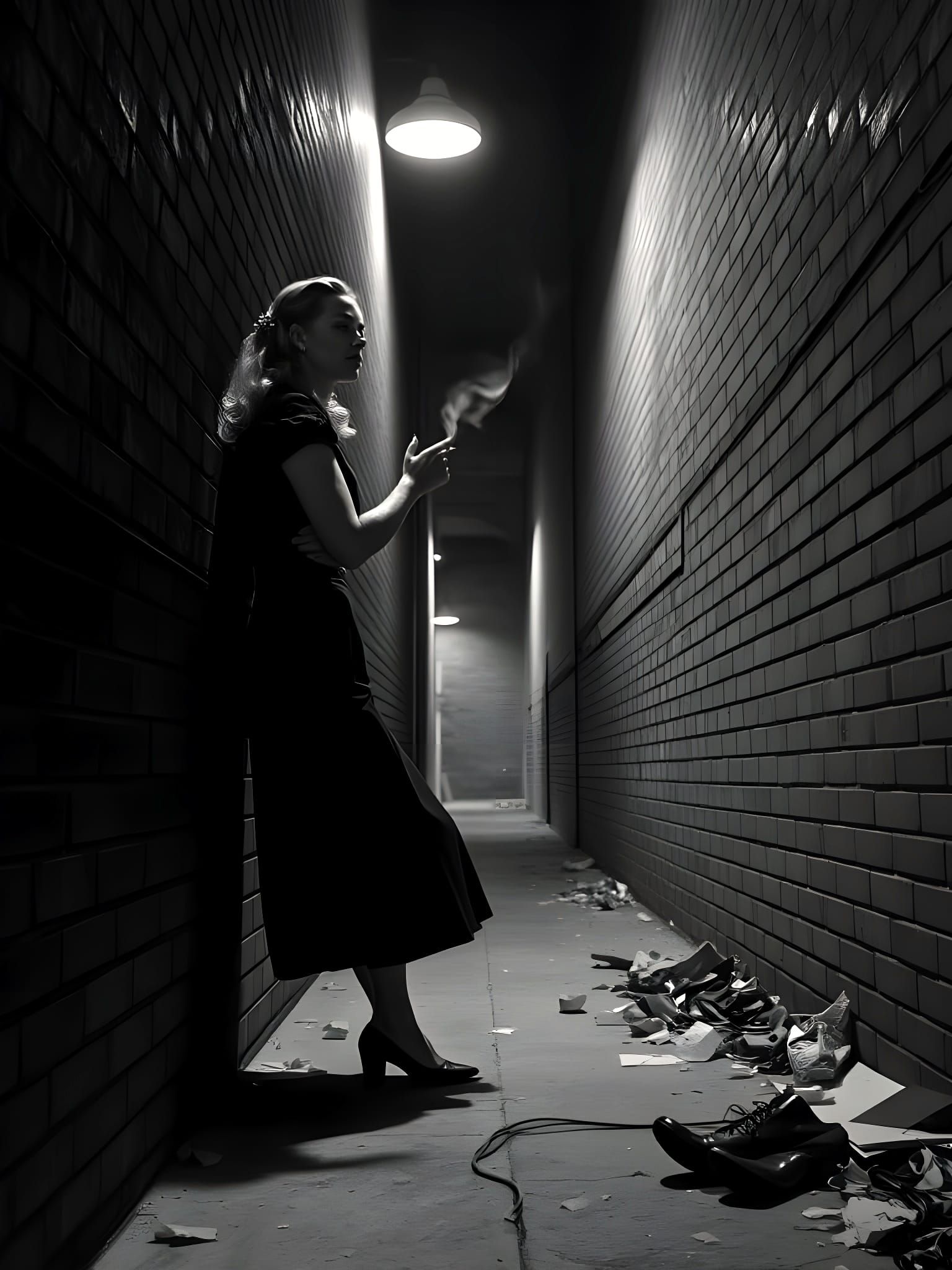 1940s Film Noir Alleyway with Woman in Shadows