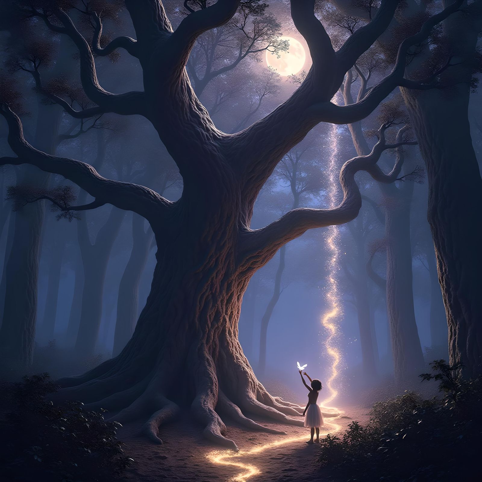 Mystical Forest River of Light Dark Fantasy Art