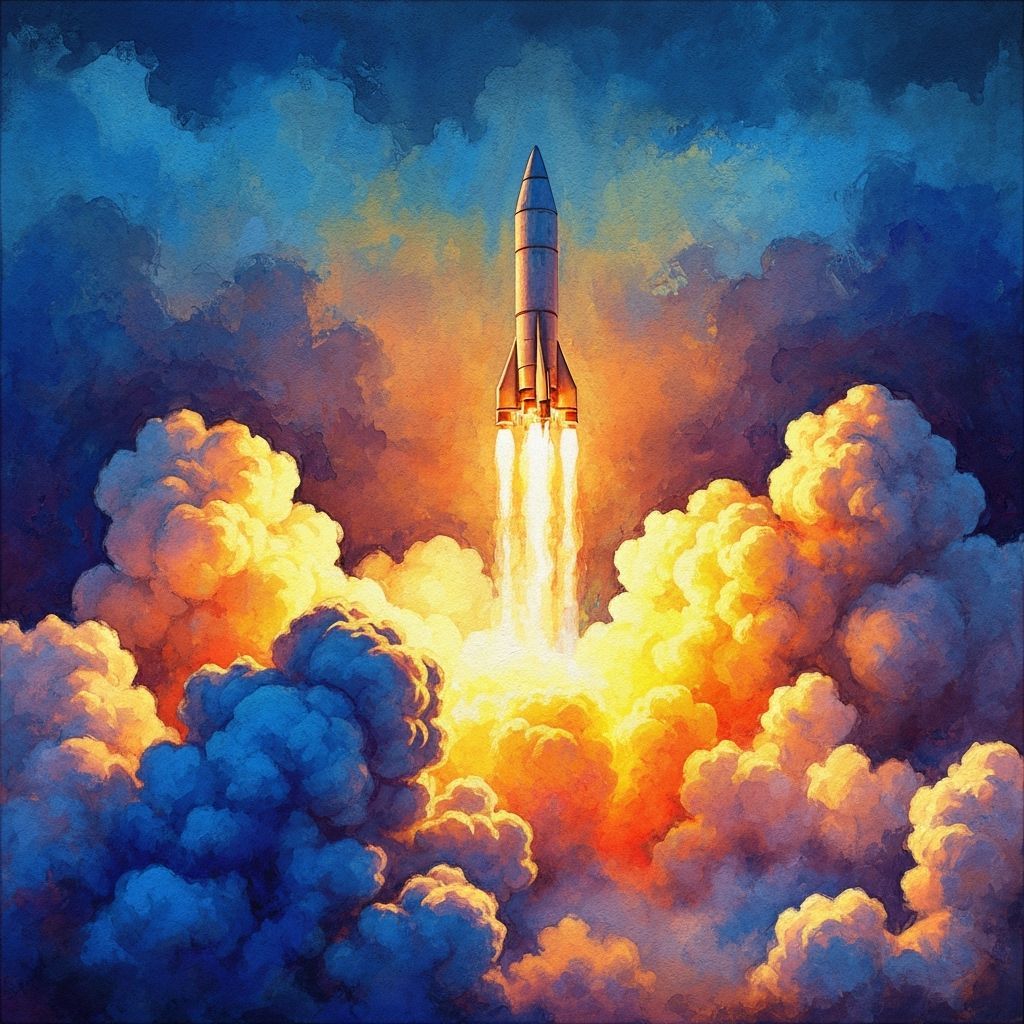 Rocket Ascending Through Storm in Neo-Impressionist Style