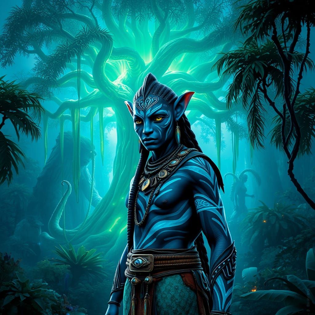 Na'vi Warrior Stands Before Bioluminescent Hometree in Pando...
