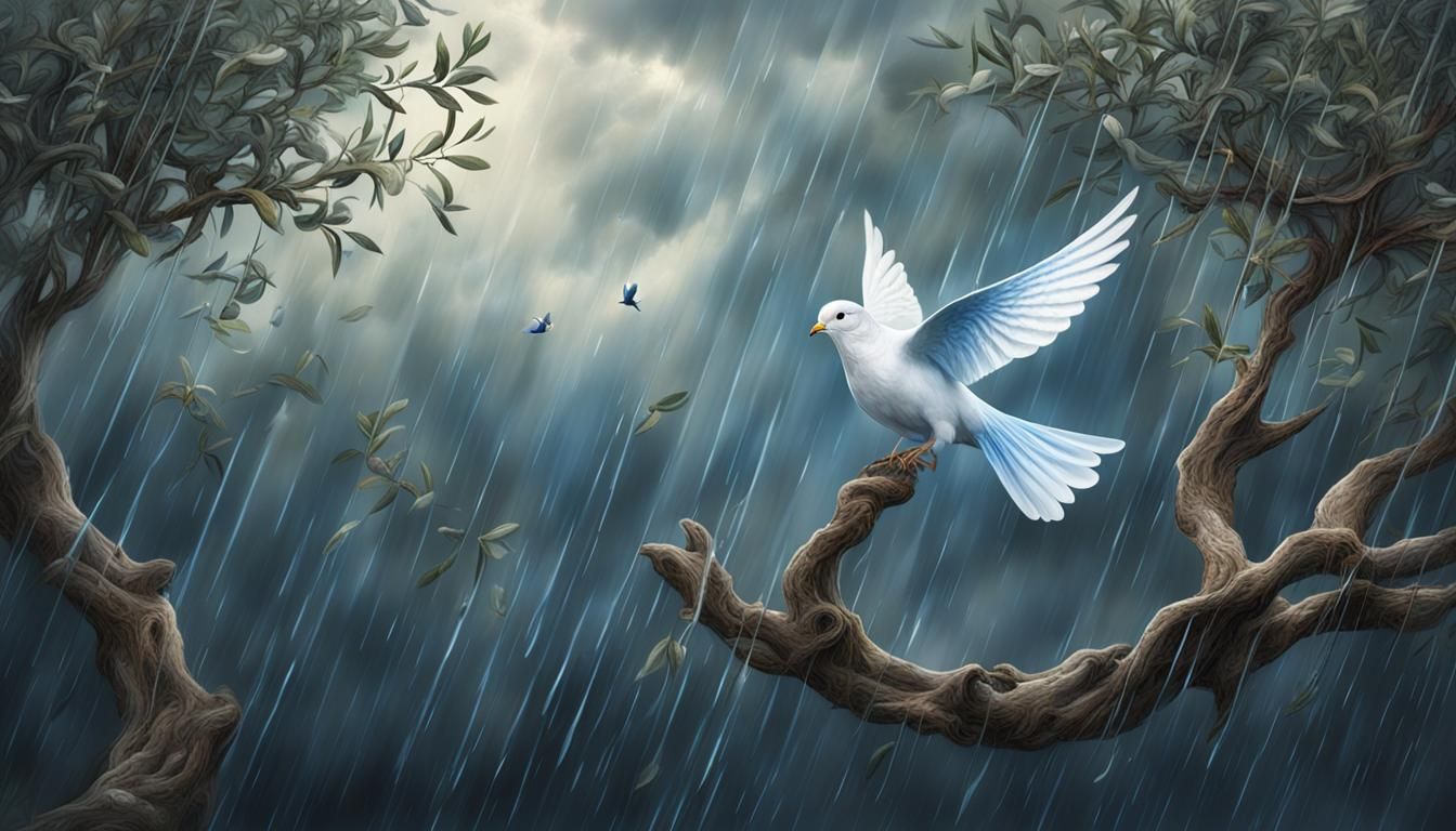 Peace Dove Kite Entangled in Rainy Olive Tree