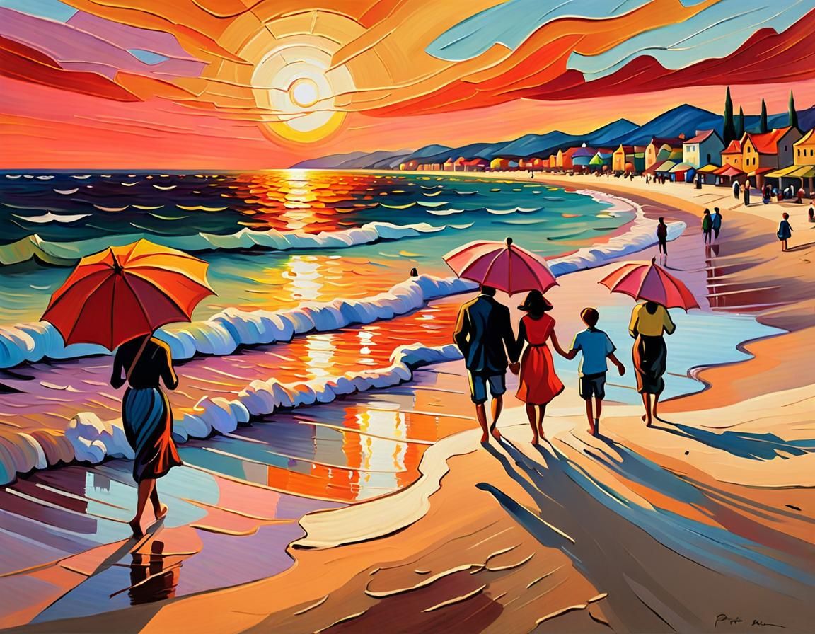 Impressionistic Beach Sunset in Vibrant Hues