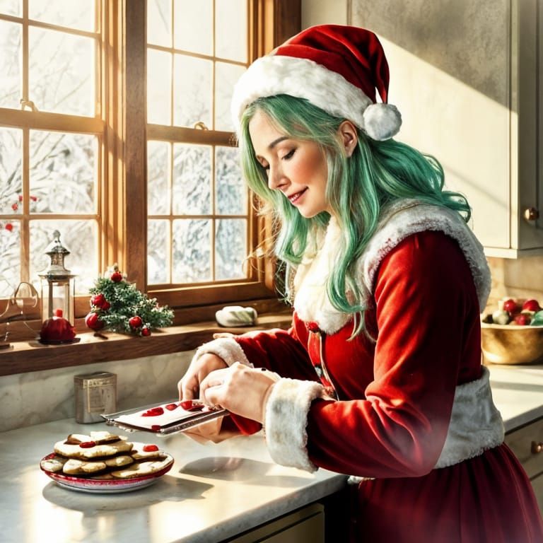 Mrs. Claus Bakes Christmas Cookies in a Festive Kitchen