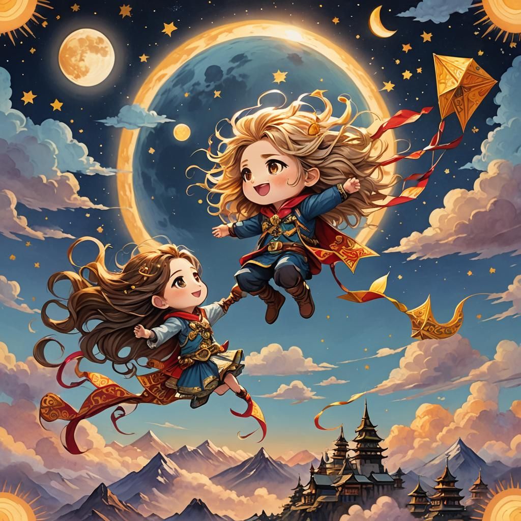 Himalayan Sky: Sun and Moon Kites in Gouache Style