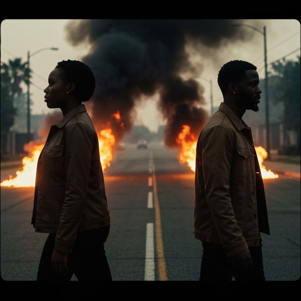 Estranged Pair Amidst Fire and Smoke: Cinematic Still