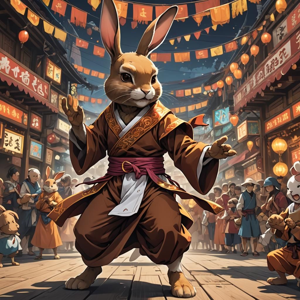 Anime-Style Rabbit Monk Performing at Carnival