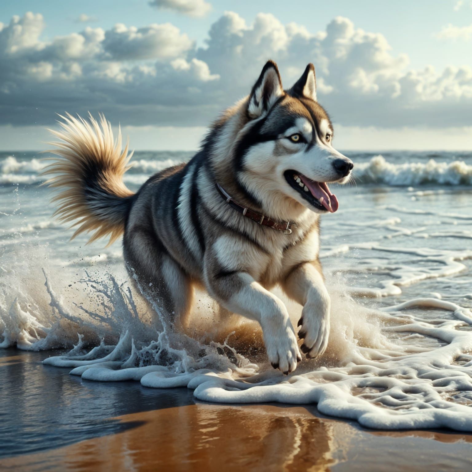 Siberian Husky in Cinematic Hyperrealistic Beach Scene