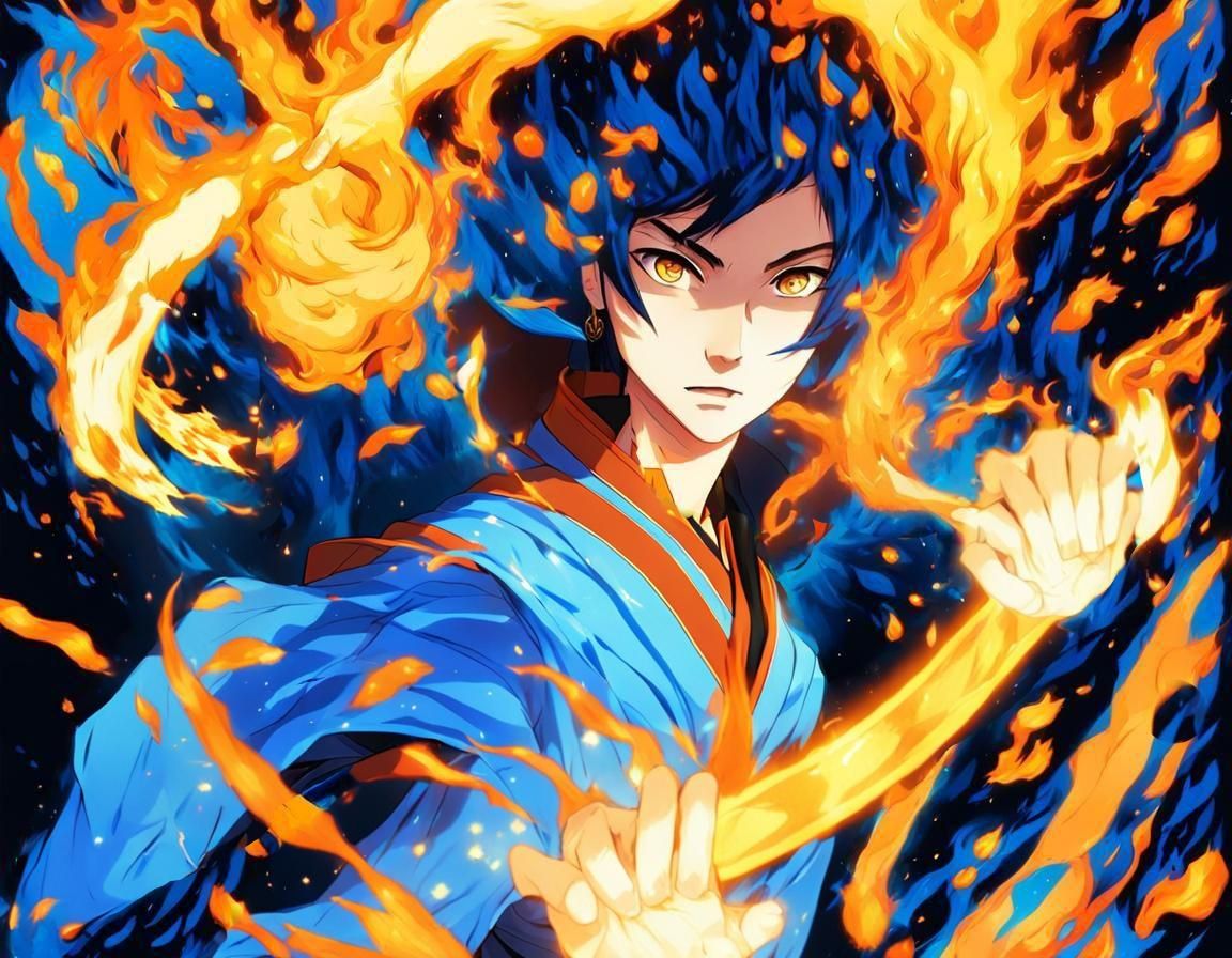 Anime Woman Firebending Blue Flames: Cel-Shaded Style