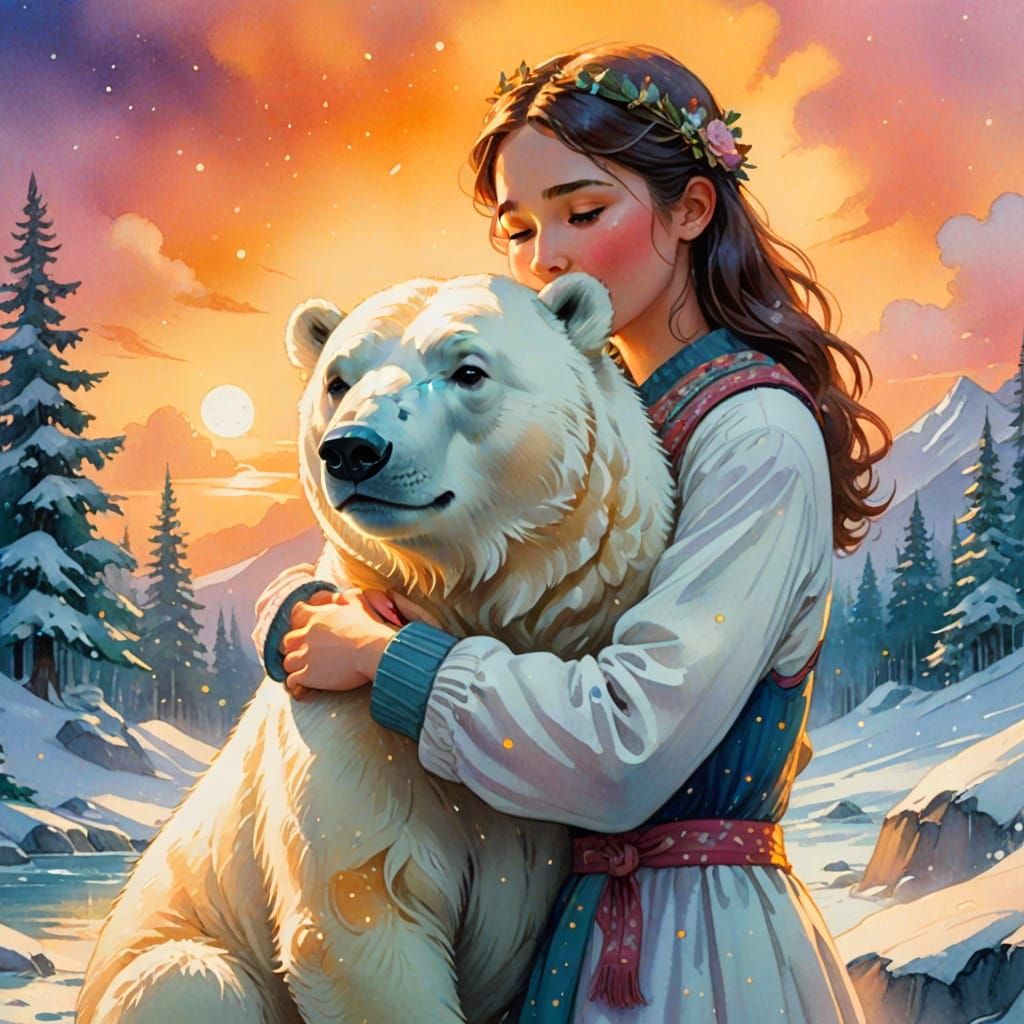 Girl Hugging Polar Bear in Watercolor Storybook Style