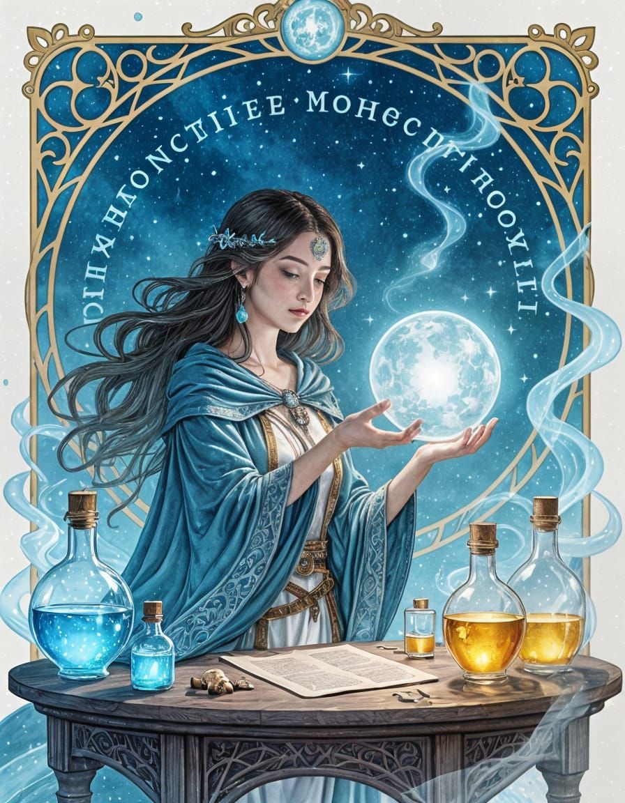 Moonlight Sorceress with Glowing Orb in Art Nouveau Frame