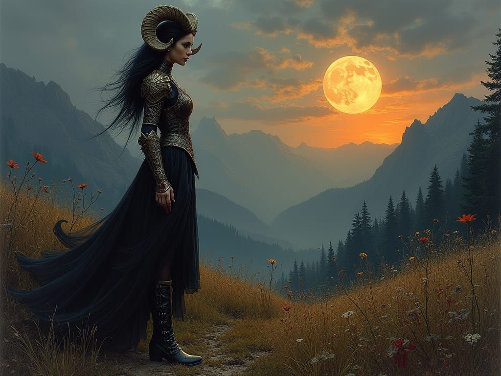 Gothic Fantasy Woman in Moonlit Alpine Meadow