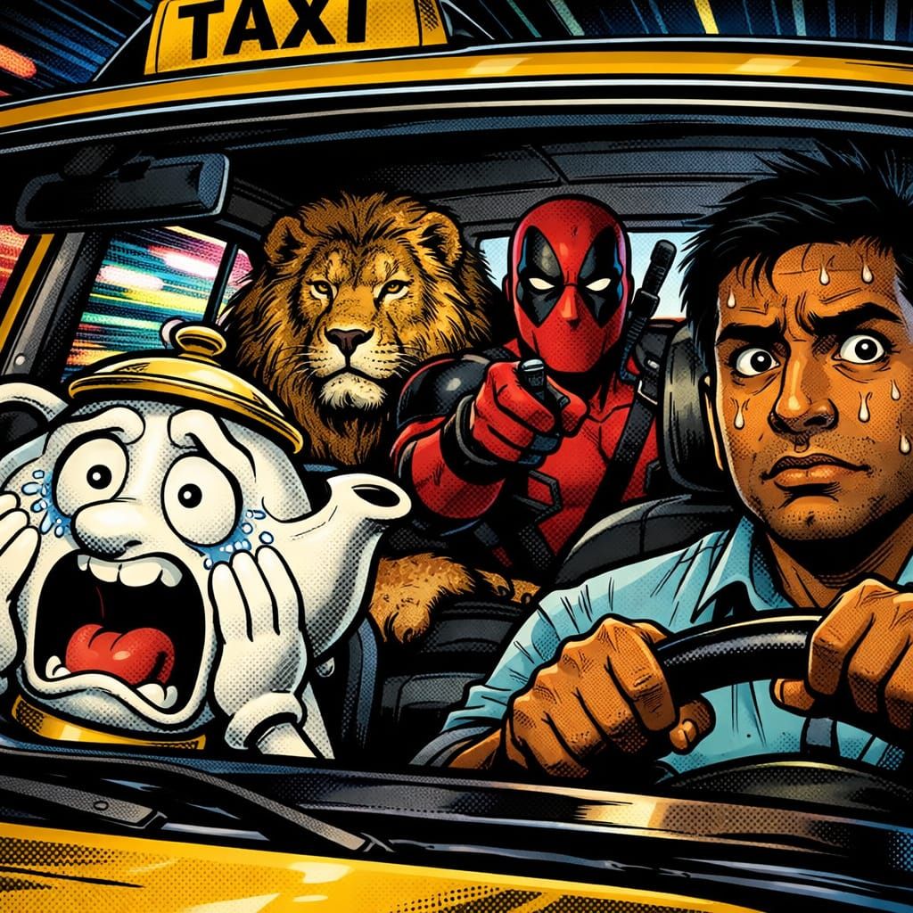 Deadpool Breaks Fourth Wall with Teapot and Lion in Taxi