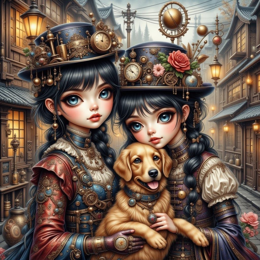 Steampunk Japanese Kids and Dog in Village