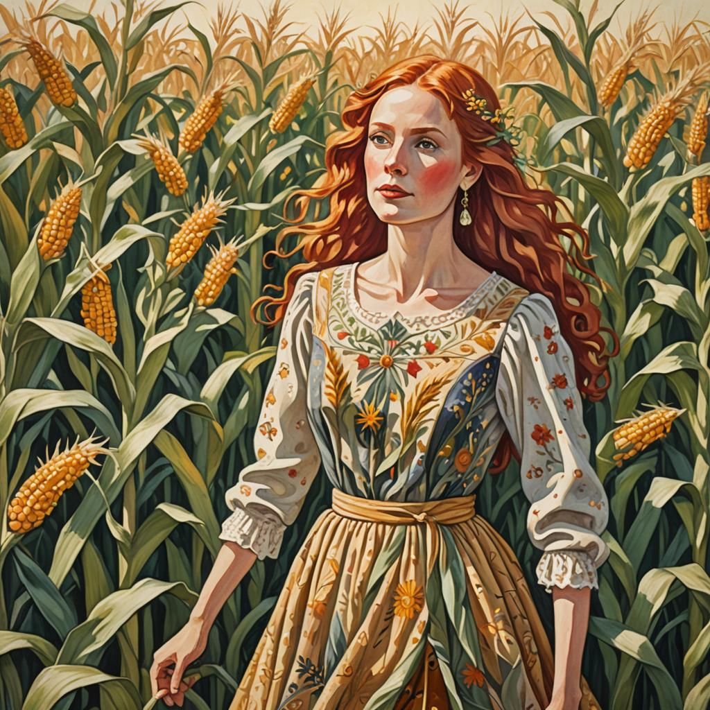 Redhead in Cornfield: Folk Art Gouache Painting