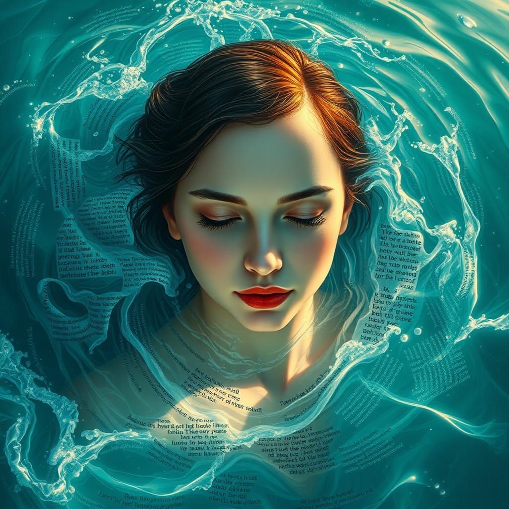 Woman Swimming in Poetry, Art Nouveau Style